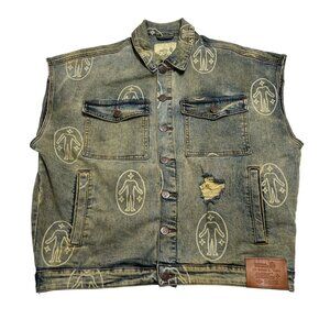 Untitled Artworks Denim Vest Allover Logo Chalk Blue